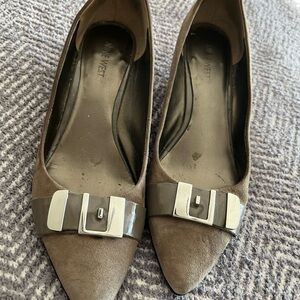 Nine West Taupe Suede Wedges with Metallic Buckle